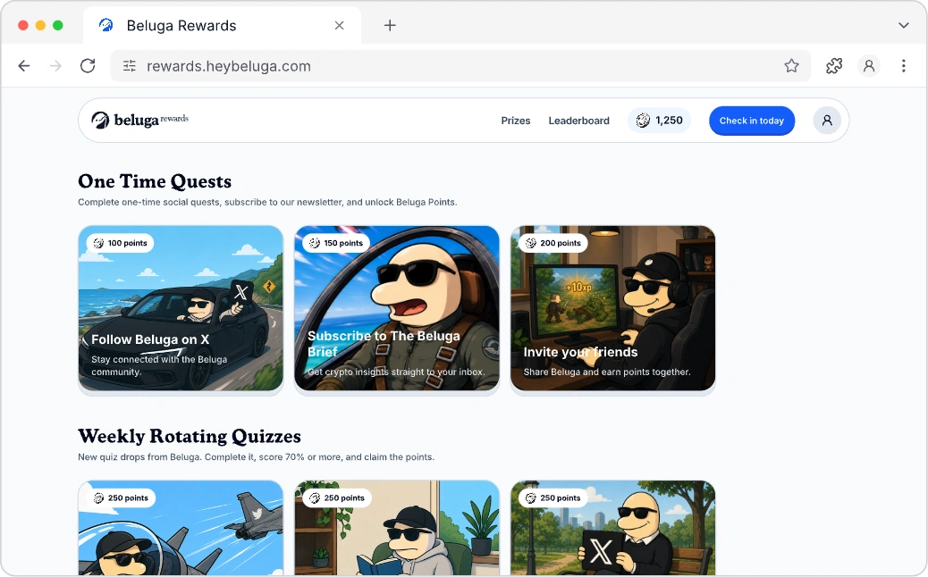 Beluga Rewards preview with social quests and weekly crypto quizzes